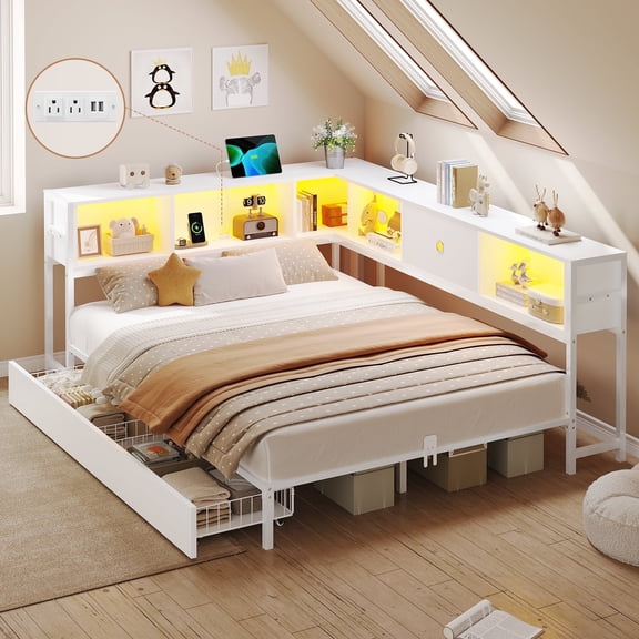 Full Daybed with Storage Bookcase and Shelves,Full Corner Bed Frame with 2 Storage Drawers, Metal Platform Bed with Charging Station and LED Lights, Corner Bed Frames for Bedroom,Living Room, White