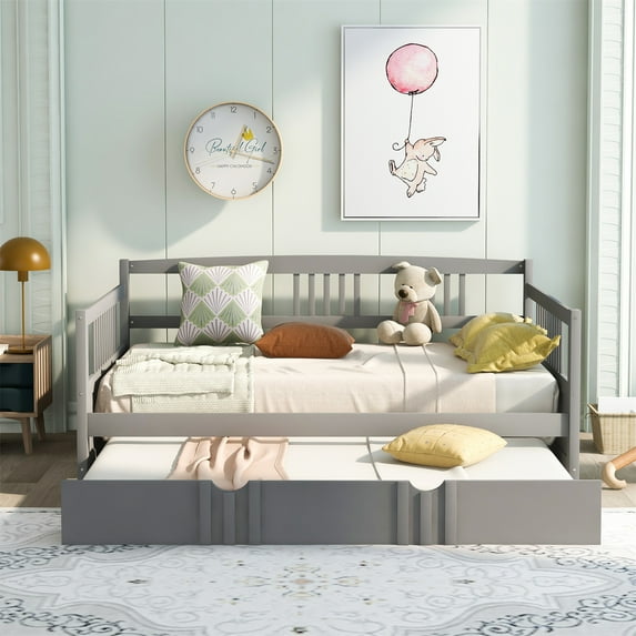 Full Daybed with Two Drawers , Wood Full Size Daybed with Storage , Mulfunctional Full Bed Frame for Living Room ,Guest Room ,Children Room, No Box Spring Needed, Grey