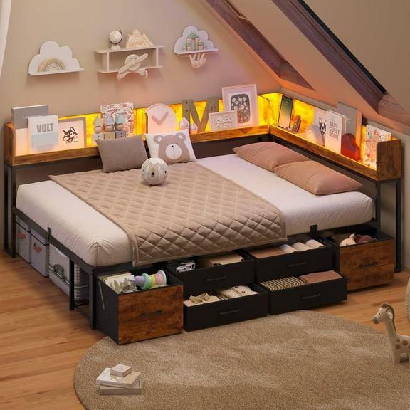 Full Daybed With Bookcase & Charging Station, Corner Bed Frame With LED Lights & 6 Storage Drawers Black & Vintage Brown