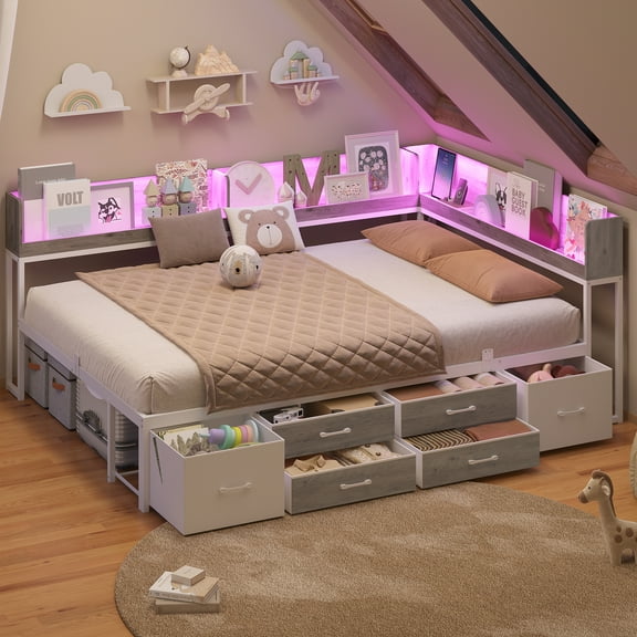 Full Daybed With Bookcase & Charging Station, Corner Bed Frame With LED Lights & 6 Storage Drawers White & Oak Grey