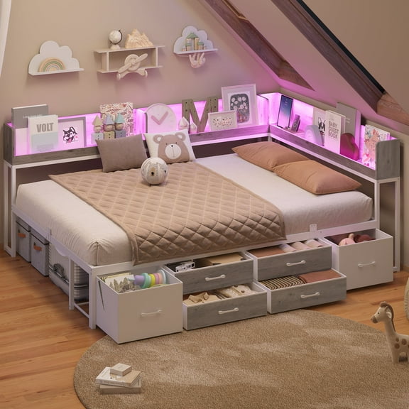 Full Daybed With Bookcase & Charging Station, Corner Bed Frame With LED Lights & 6 Storage Drawers White & Oak Grey