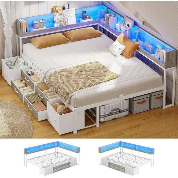 Full Daybed With Bookcase & Charging Station, Corner Bed Frame With LED Lights & 6 Storage Drawers White & Oak Grey
