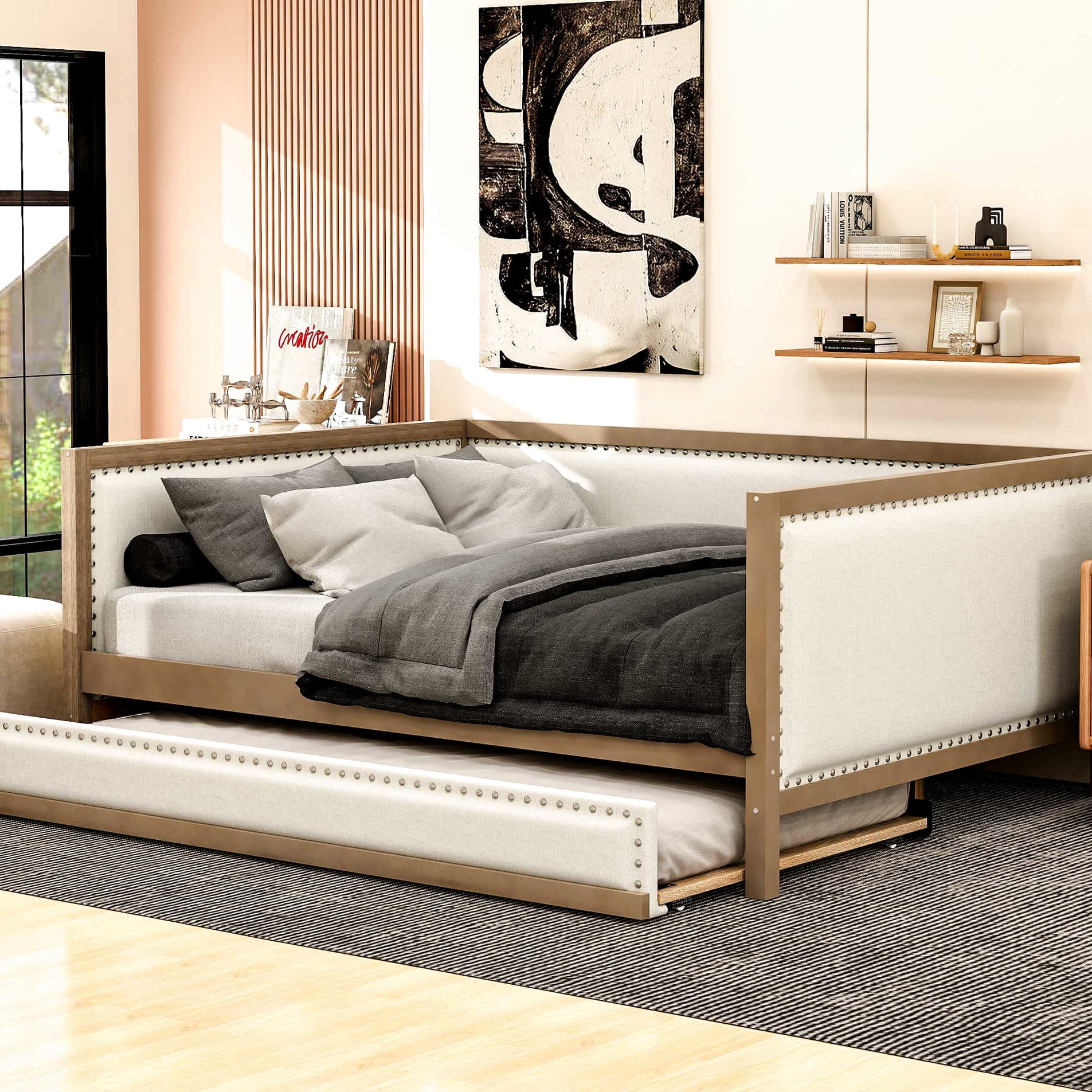 Full Daybed With Trundle Bed, Wood, Linen Upholstery Upholstered Twin