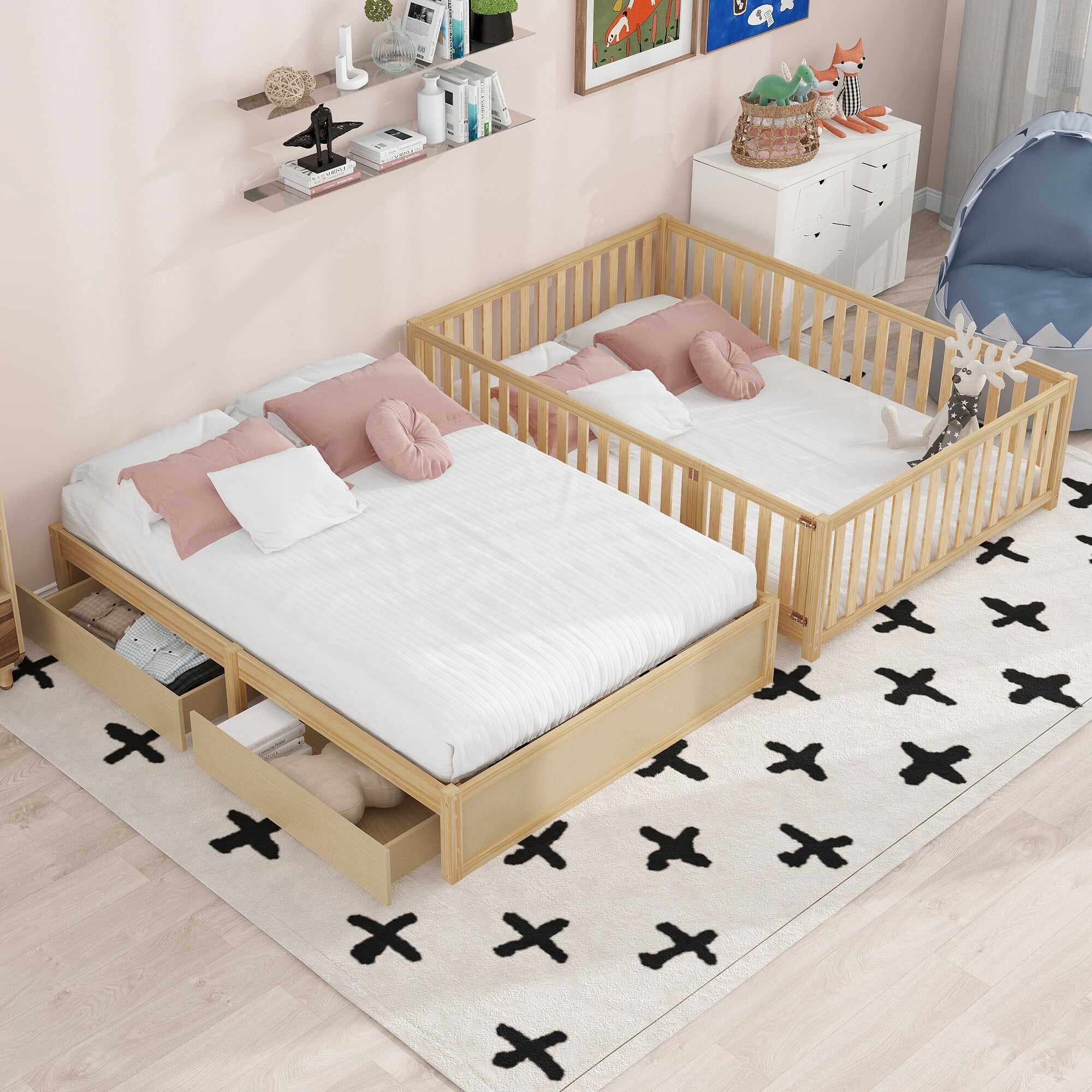 Natural Pine Wood Full Daybed with Storage Drawers