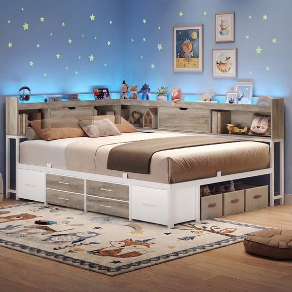 Full Daybed with 6 Storage Drawers, Bookcase Metal Platform Bed with Charging Station and LED Lights for Bedroom Rustic Gray & White