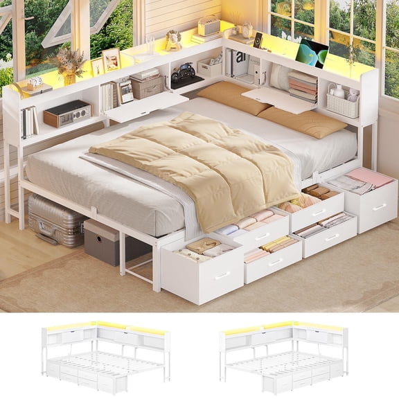 Full Daybed with 6 Storage Drawers, Bookcase Metal Platform Bed with Charging Station and LED Lights for Bedroom White