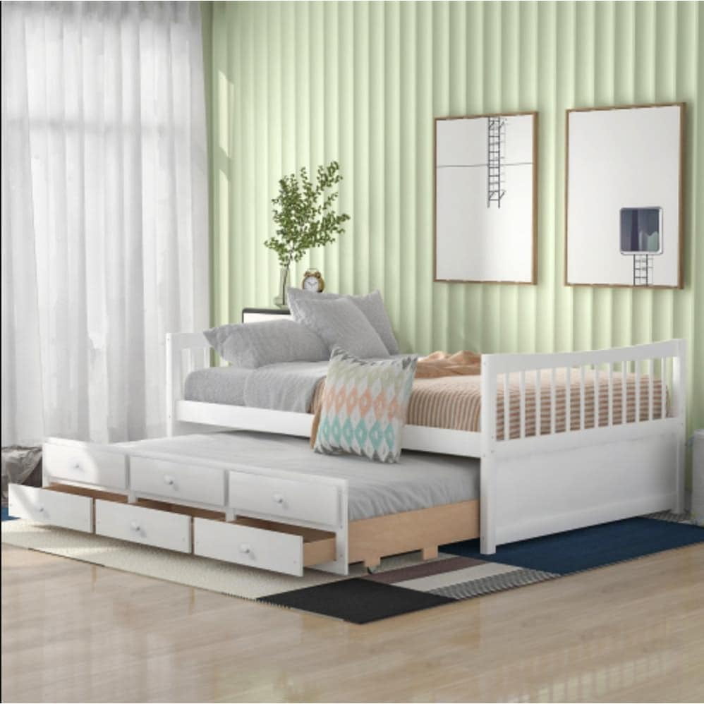 White Full Daybed with Twin Trundle and Storage Drawers