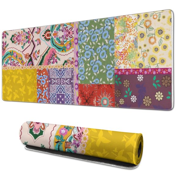 Full Desk Rainbow Floral Patchwork Mouse Pad 31.5 x 11.8 Inch, Stitched Edge Computer Mat for Work