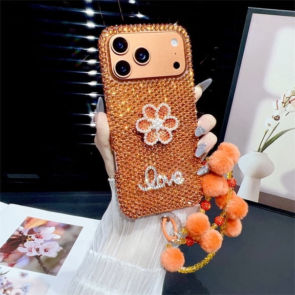 Full Diamond Flower Phone Case with Bracelet for iPhone 17 Pro Max, Sparkle Rhinestone Luxury Protective Cover, Orange