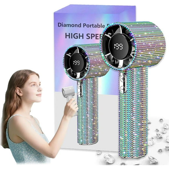 Full Diamond Portable Fan, Craftsmanship Portable Handheld Turbo Fan, 199 Wind Speed Handheld Rhinestone Fans, Rechargeable with Digital Display Usb Face Bling Fans for Travel Camping