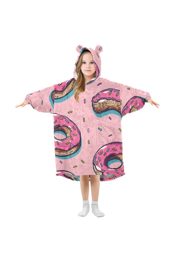 Full Donuts and A Half-bitten Donut Flannel Wearable Blankets Hooded Design Long Sleeves Wrap Unisex for 3T-14Y L