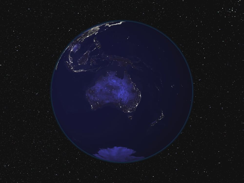 Full Earth at night showing city lights centered on Australia and Oceania Canvas Art - Stocktrek Images (32 x 24)