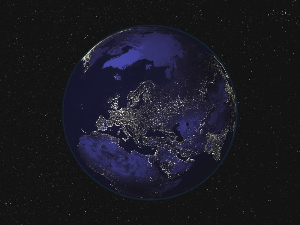 Full Earth at night showing city lights centered on Europe Canvas Art - Stocktrek Images (32 x 24)