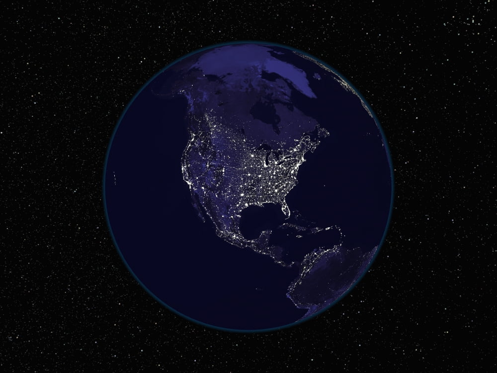 Full Earth at night showing city lights centered on North America Canvas Art - Stocktrek Images (32 x 24)