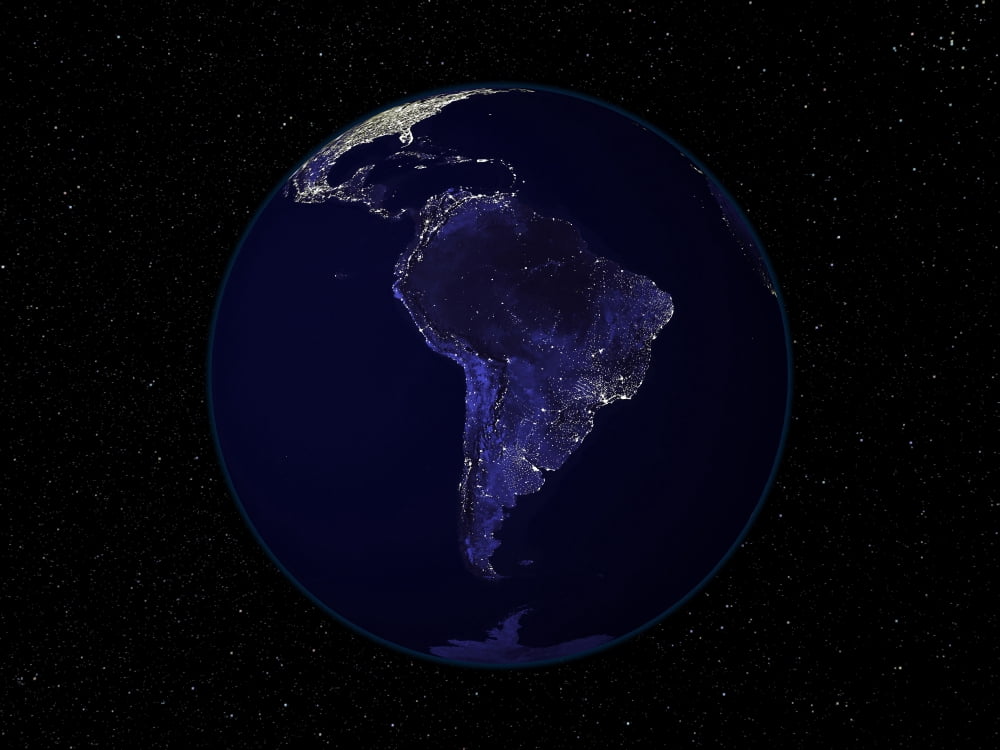 Full Earth at night showing city lights centered on South America Canvas Art - Stocktrek Images (32 x 24)
