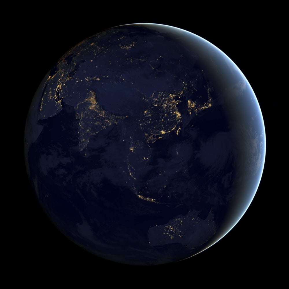 Full Earth at night showing city lights of Asia and Australia Canvas Art - Stocktrek Images (28 x 28)