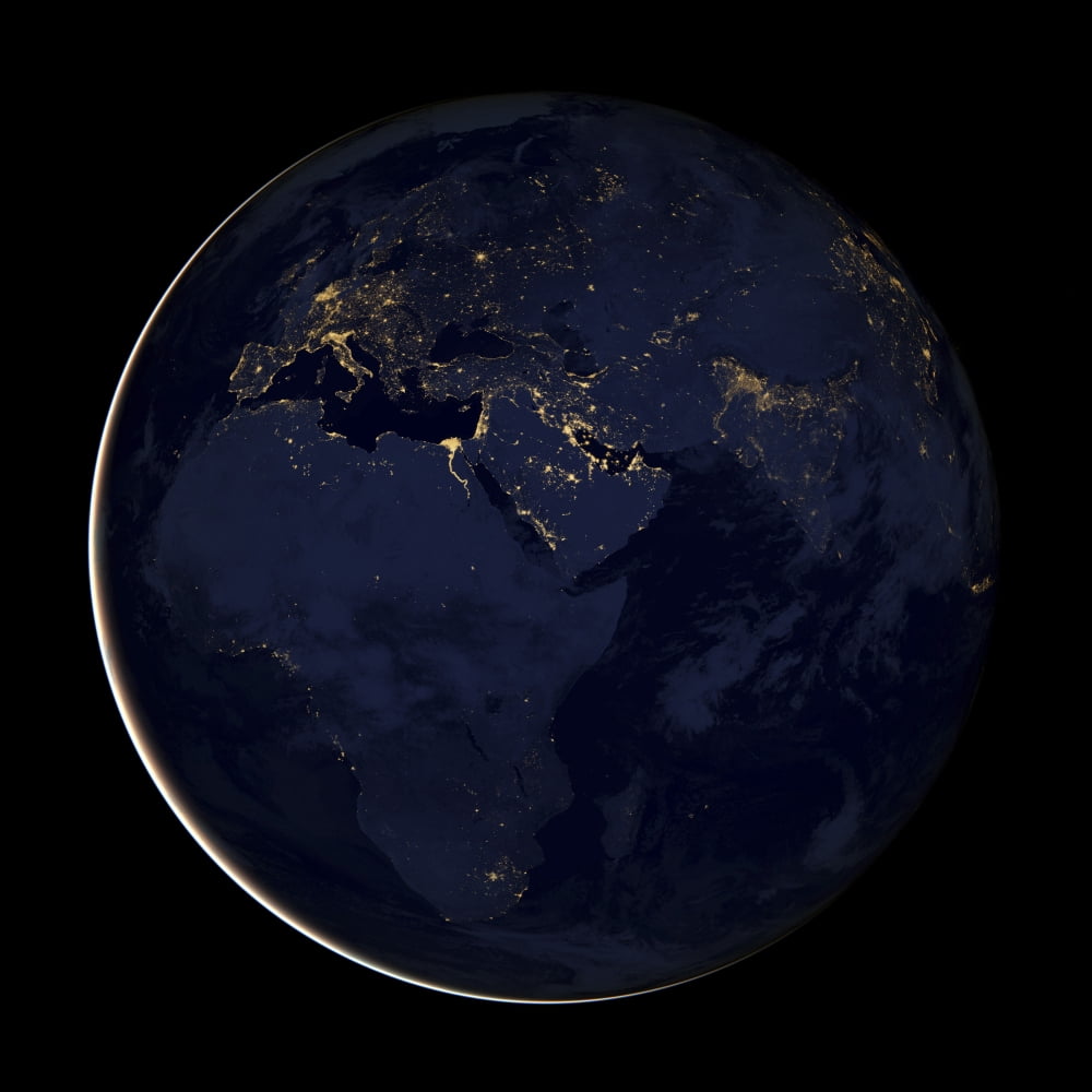 Full Earth showing city lights of Africa Europe and the Middle East Canvas Art - Stocktrek Images (28 x 28)