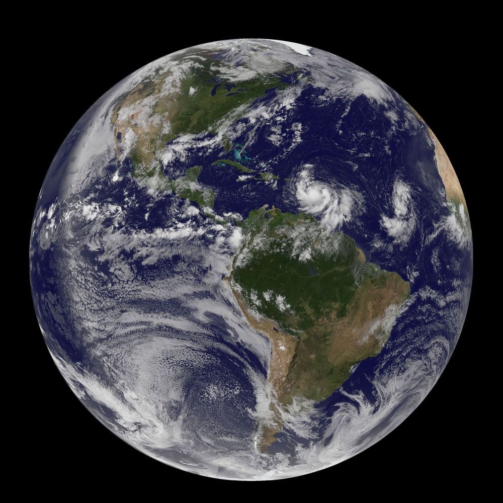 Full Earth showing two tropical storms forming in the Atlantic Ocean Canvas Art - Stocktrek Images (28 x 28)