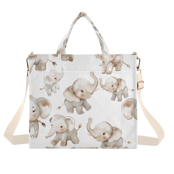 Full Elephants Corduroy Tote Bag Handbag Large Messenger Bag Shoulder Crossbody Zipper Bag Purse