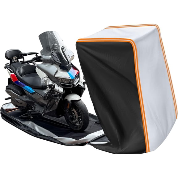 Full Enclosed Large Motorcycle Cover Waterproof Outdoor/Indoor Storage Motorcycle Cover Heavy Duty with Reflective Strips Fits Motorcycles Length up to 118" with Side+Top Box (Black+Sliver)