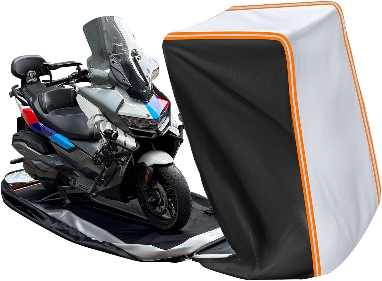 Full Enclosed Motorcycle Cover Waterproof Outdoor/Indoor Storage Waterproof Motorcycle Cover Heavy Duty with Reflective Strips Fits Scooter/Touring Motorcycles Length up to 108"（Black+Sliver）