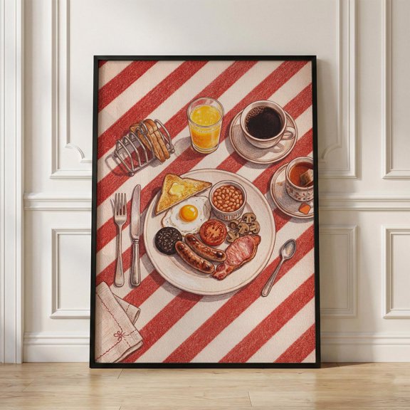 Full English Breakfast Print, Retro Kitchen Wall Art, Checkered Brunch Poster, Cafe Decor , Poster Print Only