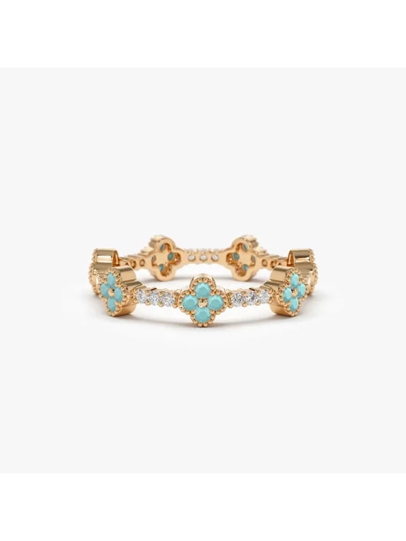 Full Eternity Clover Pave Wedding Band Ring – Round Cut Lab-Created Turquoise & Moissanite, 925 Sterling Silver, Pave Set for Women, Sustainable Anniversary & Engagement Jewelry