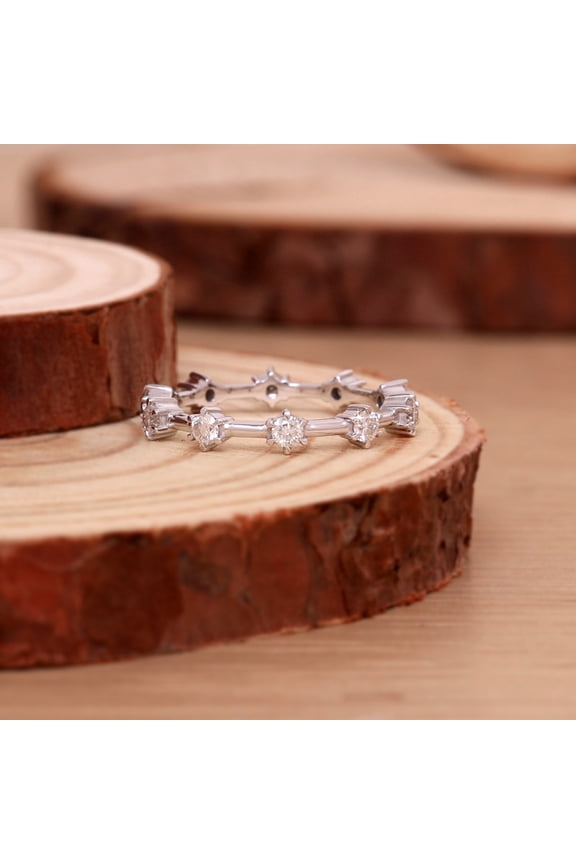 Full Eternity Floating Bubble Moissanite Wedding Band, Round Cut Diamond Simulant Stackable Ring in Sterling Silver, Handcrafted Anniversary Jewelry