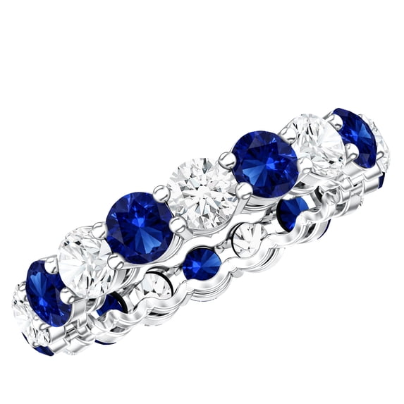 Rosec Jewels Full Eternity Ring with Lab Created Blue Sapphire and Moissanite for Women (AAAA Grade Sapphire) - Ready to Gift, 10K White Gold, US 6.00