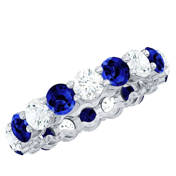 Rosec Jewels Full Eternity Ring with Lab Created Blue Sapphire and Moissanite for Women (AAAA Grade Sapphire) - Ready to Gift, 18K White Gold, US 9.00