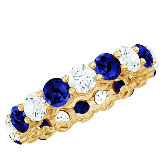 Rosec Jewels Full Eternity Ring with Lab Created Blue Sapphire and Moissanite for Women (AAAA Grade Sapphire) - Ready to Gift, 18K Yellow Gold, US 5.00