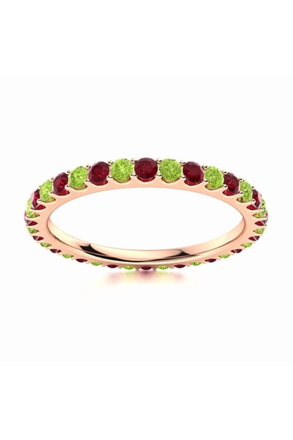 Full Eternity Round Peridot & Ruby 925 Sterling Silver Rose Plated Women Ring