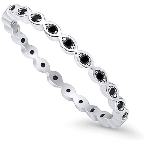Full Eternity Stackable Band Ring Black CZ 925 Sterling Silver Size 6