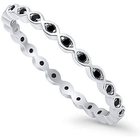 Full Eternity Stackable Band Ring Black CZ 925 Sterling Silver Size 6