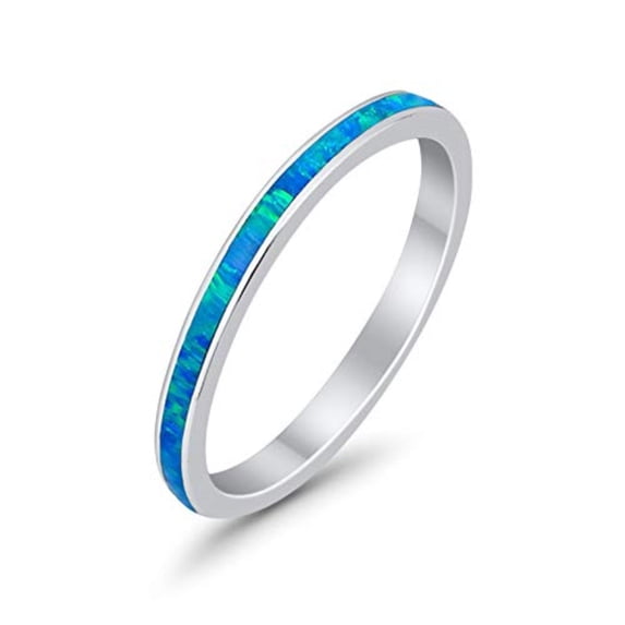 Full Eternity Stackable Band Ring Lab Created Blue Opal 925 Sterling Silver Size 6