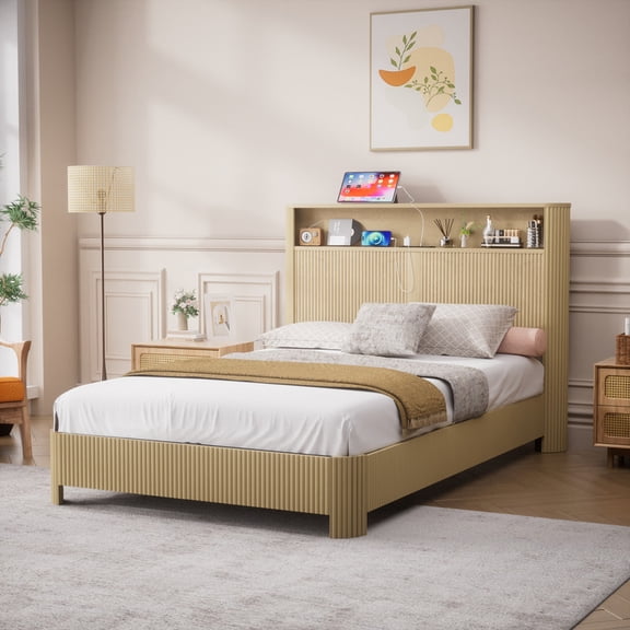 Full Extra Long(Full XL) Size Bed Frame with Storage Headboard, Built-in Charging Station, Wavy Curved Lines Design, Silent Operation, Metal Support
