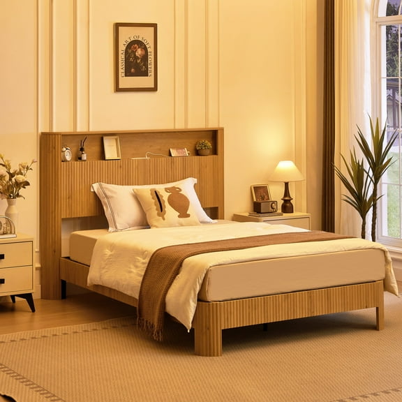 Luckynote Full XL Bed Frame, Modern Platform Bed with Natural Storage Headboard, Built-in Charging Station and Metal Support, High Capacity Silent Operation