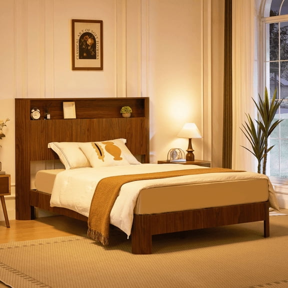 Luckynote Full XL Bed Frame, Modern Platform Bed with Walnut Storage Headboard, Built-in Charging Station and Metal Support, High Capacity Silent Operation