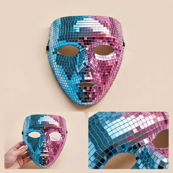 Full Face Covering, Silver Masquerade Mask for Women, Disco Ball Mirror Tiles Full Face Mask, Halloween for Adult Rave Nightclub Dance Party, 8X7 Inch Light Reflecting Glitter
