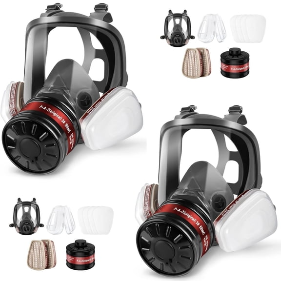 Full Face Gas Mask, Reusable Respirator Mask Survival Nuclear and Chemical with 6001 and 40mm Activated Carbon Filter Against Gases Dust Vapors Fume for Spray Paint Sanding(2 Set)