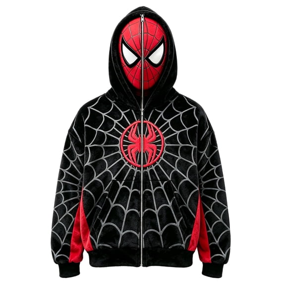 Full Face Masked Zip Hoodie, Spider Web Printed Hooded Sweatshirt Cosplay Costume Jacket for Boys Girls