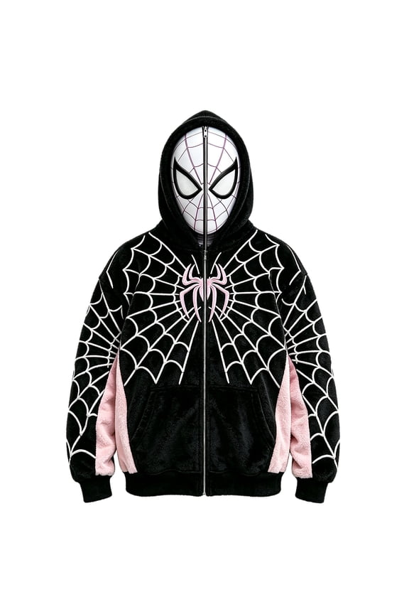 Full Face Masked Zip Hoodie, Spider Web Printed Hooded Sweatshirt Cosplay Costume Jacket for Boys Girls