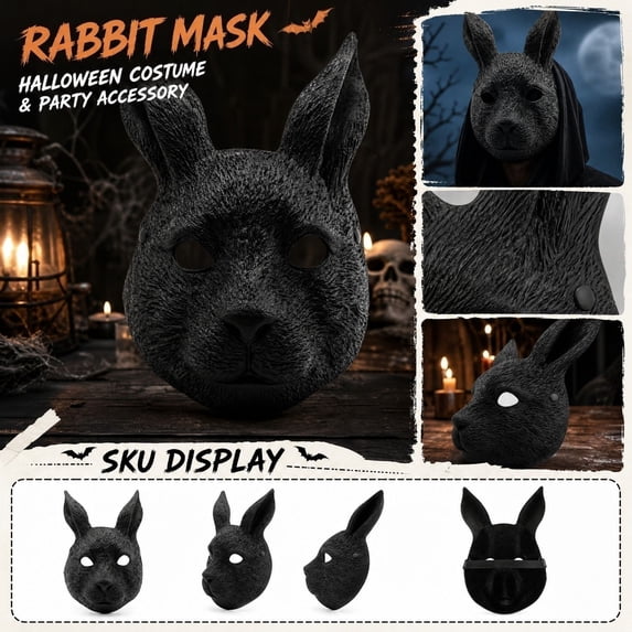 Full Face Rabbit Prop, Mask for Masquerade Party, Bunny Party Favors, Scary Halloween Mask, 12X7 Inch Solid Black Animal Mask for Adult and Teen Wear for Raves, Photo Booths and
