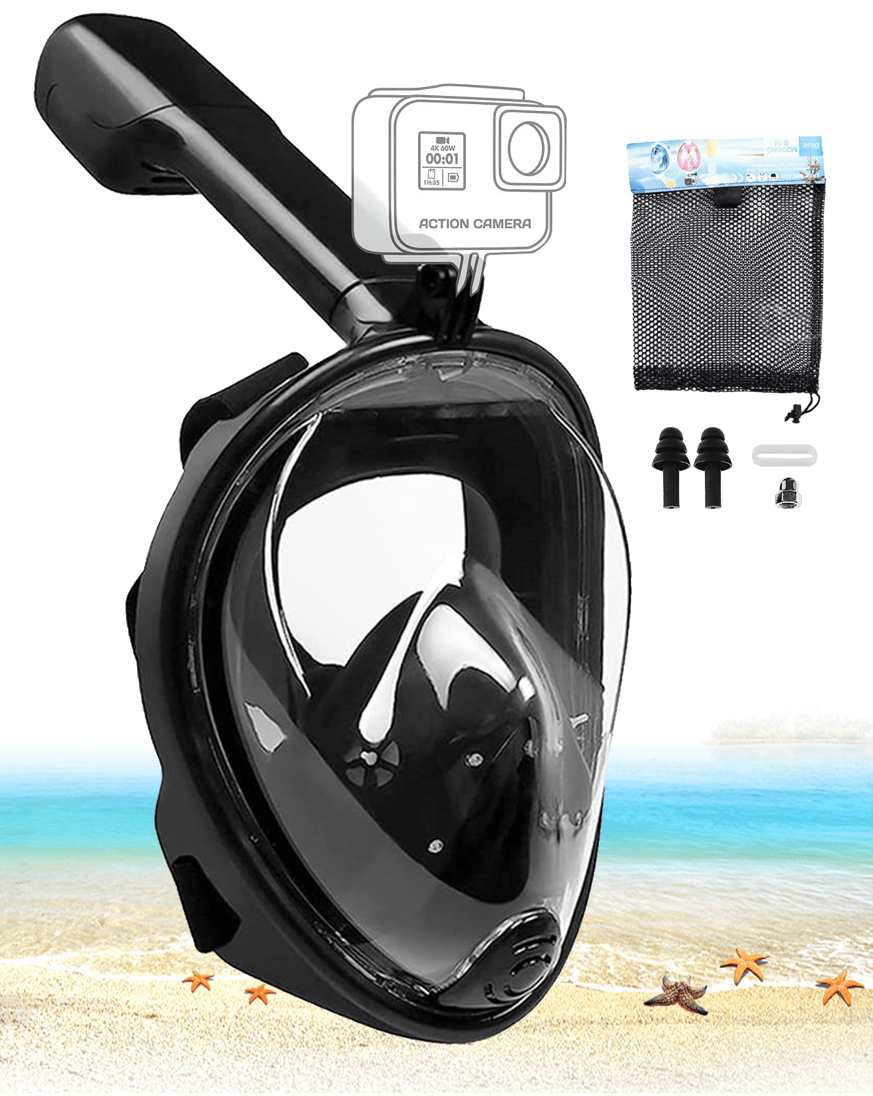 Full Face Snorkel Mask 180° Panoramic View Diving Mask With Detachable Camera Mount, Dry Top Set