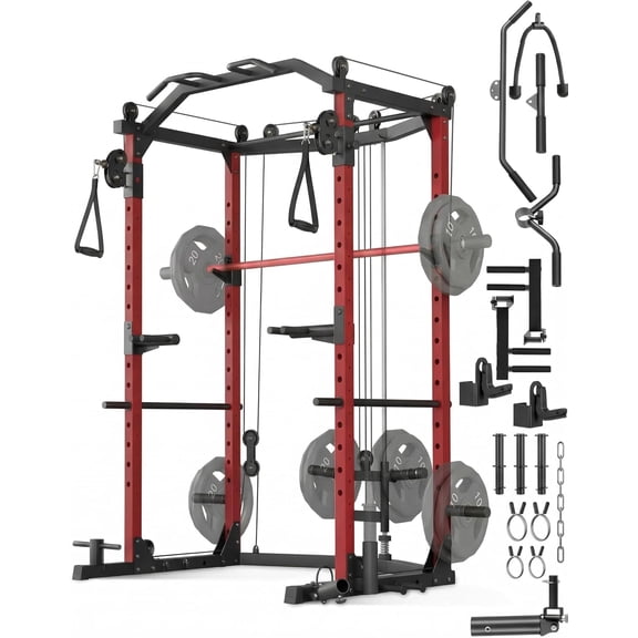 Full-Featured 1600LBS Home Gym Power Cage, Multi-Function Squat Rack with Cable Crossover, LAT Pulldown, Dip Bars & Landmine