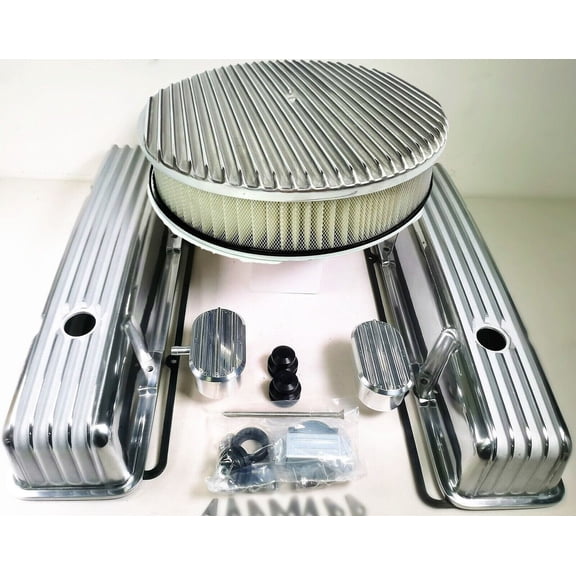 Full Finned Chevy SBC Short Polished Aluminum 14" Engine Dress Up Kit 283 350 V8