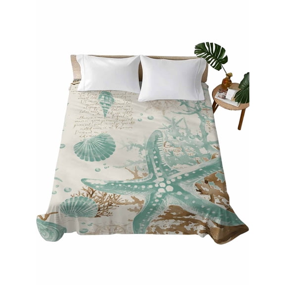 Full Flat Sheet 81"x96", Aqua Coastal Starfish Soft Lightweight Bedding Flat Sheets Only, Farmhouse Nautical Seahorse Coral Brushed Microfiber Top Bed Sheet, Breathable StainResistant Bedsheets