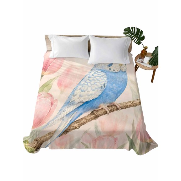 Full Flat Sheet 81"x96", Birds Flowers Soft Lightweight Bedding Flat Sheets Only, Country Botanical Blooms Pink Tulip Brushed Microfiber Top Bed Sheet, Breathable StainResistant Bedsheets