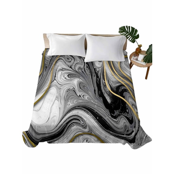 Full Flat Sheet 81"x96", Black Gray Marble Soft Lightweight Bedding Flat Sheets Only, Vintage Golden Abstract Patterned Brushed Microfiber Top Bed Sheet, Breathable StainResistant Bedsheets