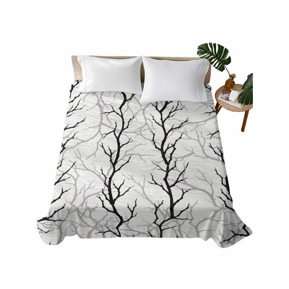 Full Flat Sheet 81"x96", Black Grey Branches Soft Lightweight Bedding Flat Sheets Only, Pastoral Botanical Brushed Microfiber Top Bed Sheet, Breathable StainResistant Bedsheets